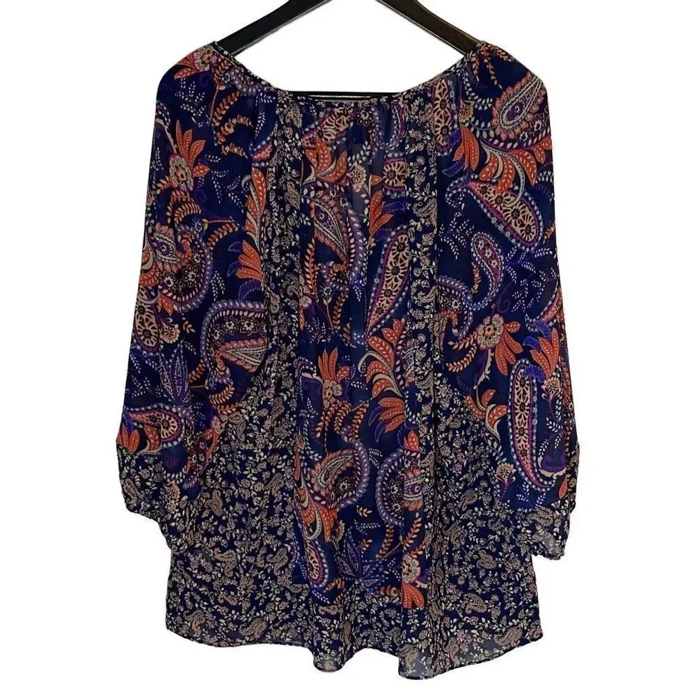 CHAPS Womens Tunic Blouse Top‎ 3/4 Sleeve V Neck Paisley Blue Orange Size XL - Picture 4 of 8